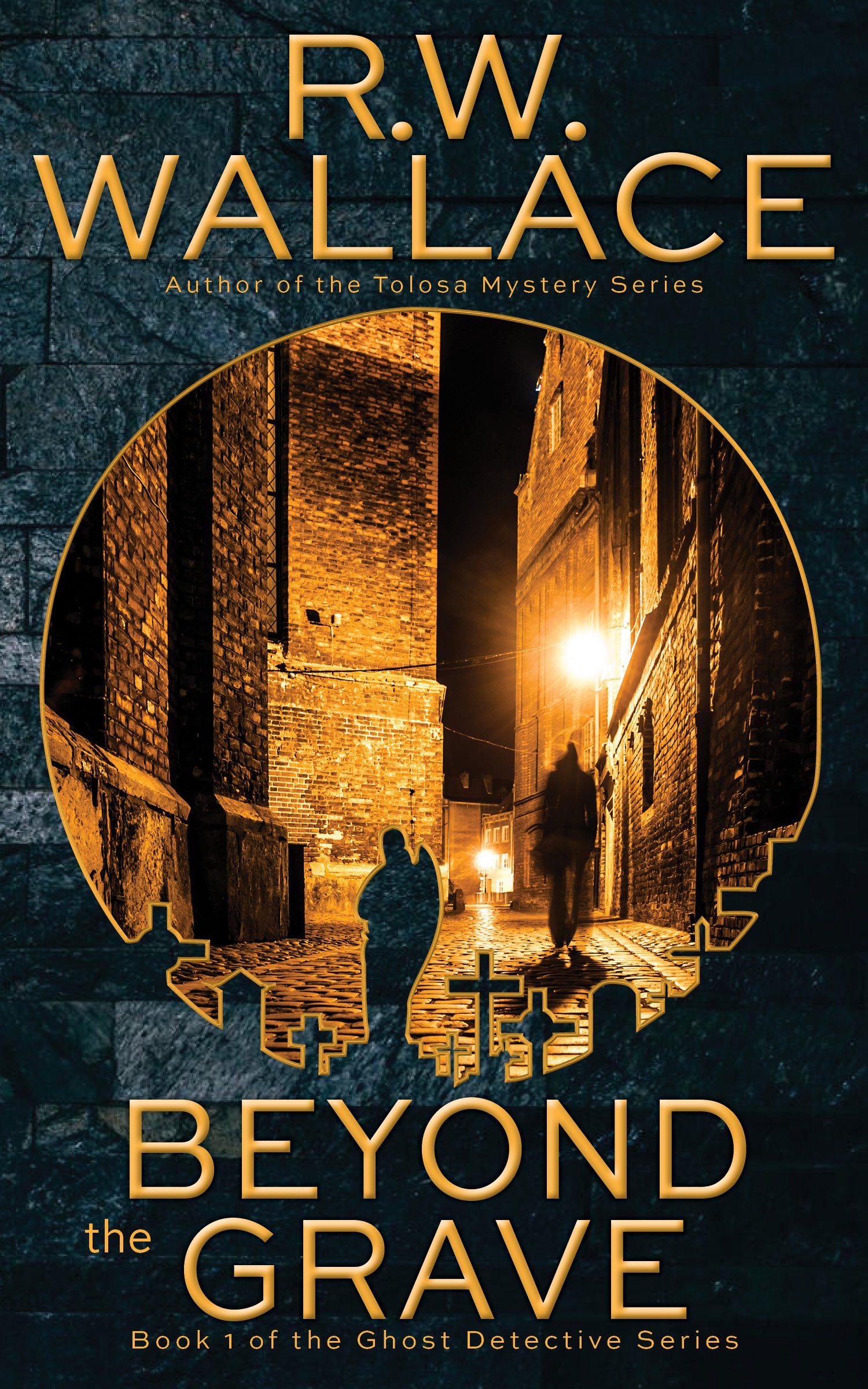 Beyond the Grave book cover. Dark stone background. Man walking through a street at night.